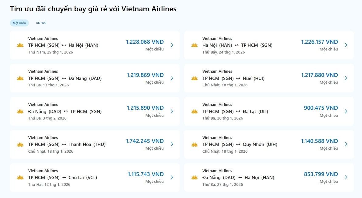 Chặng bay Vietnam Airlines Hà Nội / TP. Hồ Chí Minh - miền Trung trên Traveloka