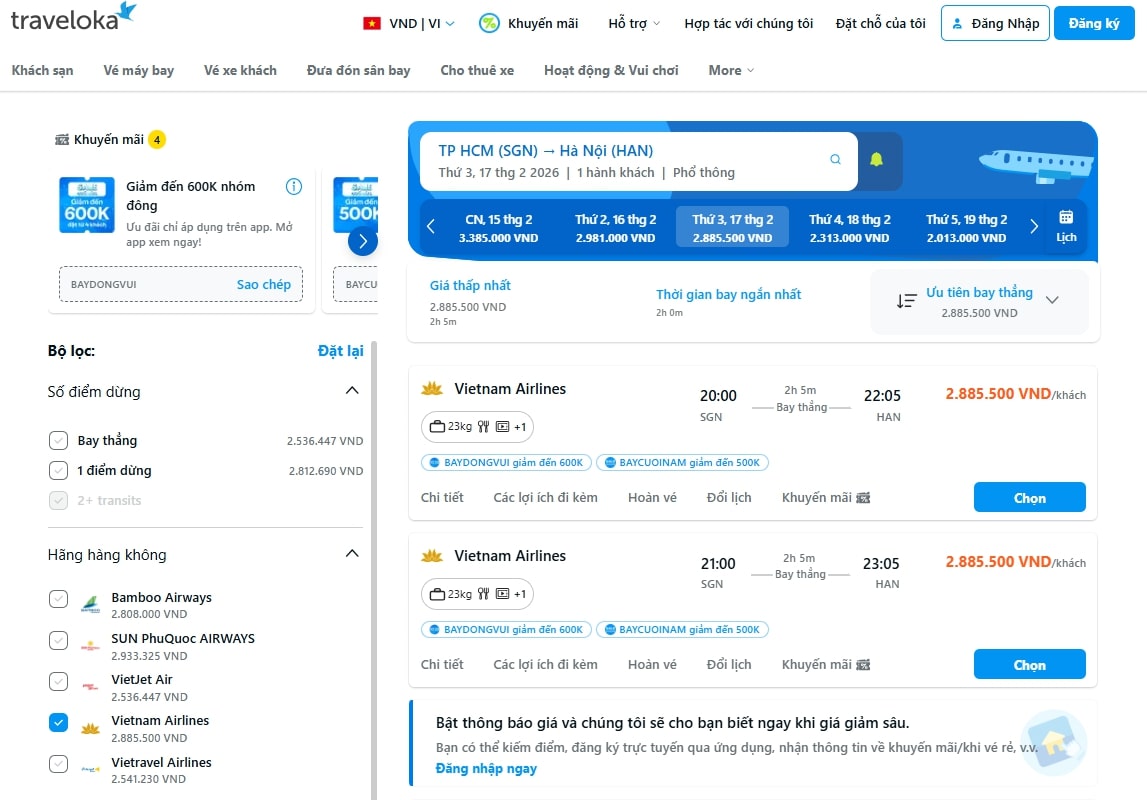 Chặng bay Vietnam Airlines Hà Nội - TP. Hồ Chí Minh trên Traveloka